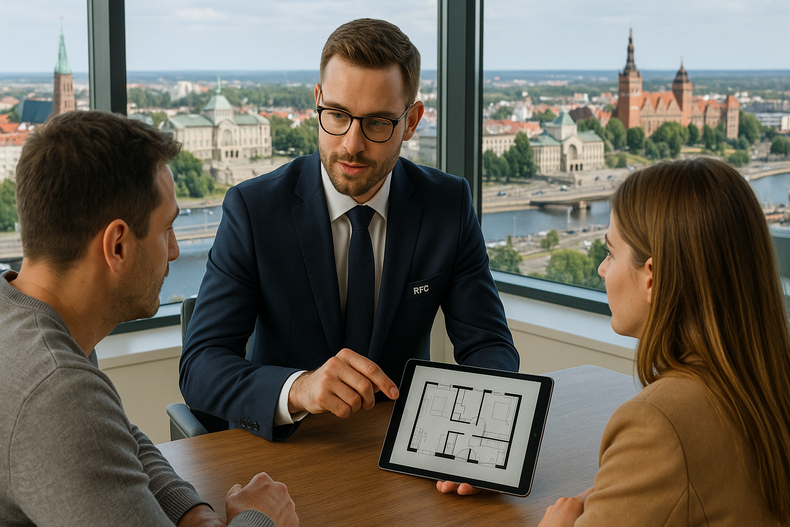 Agent nieruchomości RFG prezentuje ofertę mieszkania klientom w Szczecinie