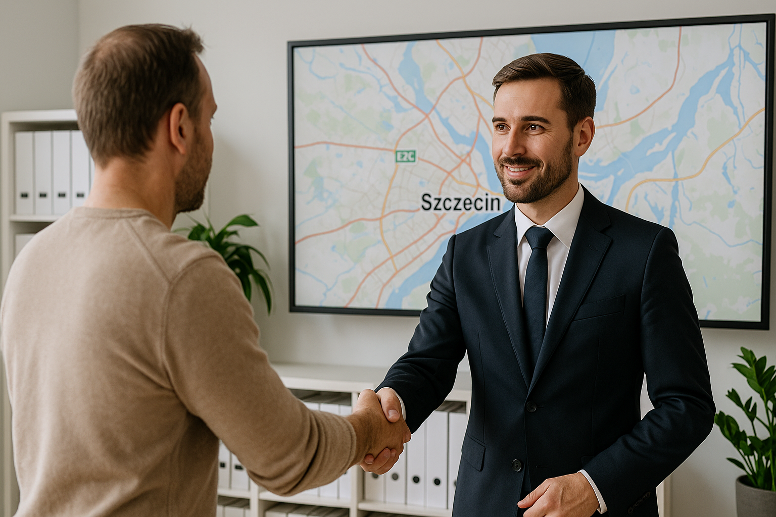 Profesjonalny agent w biurze nieruchomości w Szczecinie podaje rękę klientowi